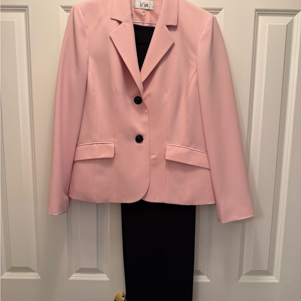Le Suit Blush Pink Two-Button Blazer with Black Pants
